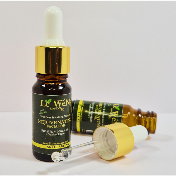 Le Wen London rejuvenating facial oil bottle with dropper on a white background